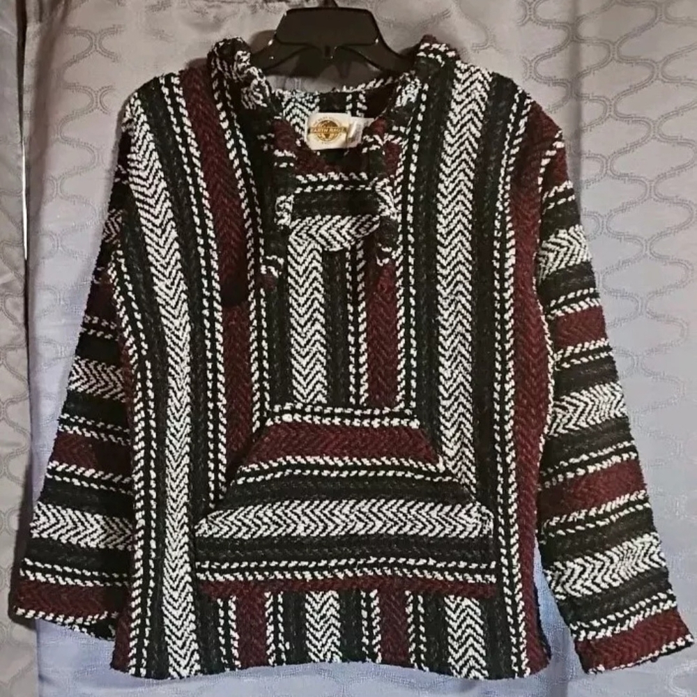 Striped Baja Earth Ragz Hoodie Lg. (runs small) Black, White, and Burgundy